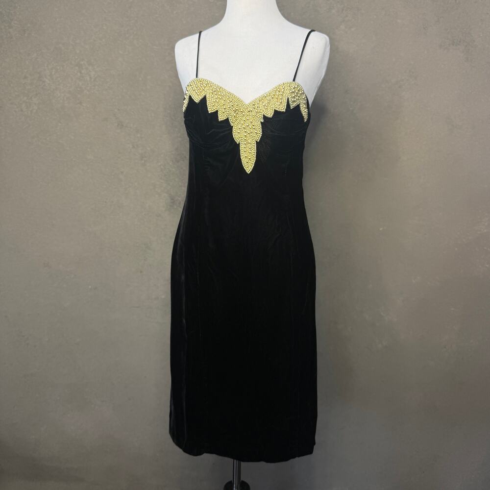 Vintage Betsy & Adam Black Beaded Gold Sweetheart Cocktail Dress Size 11/12